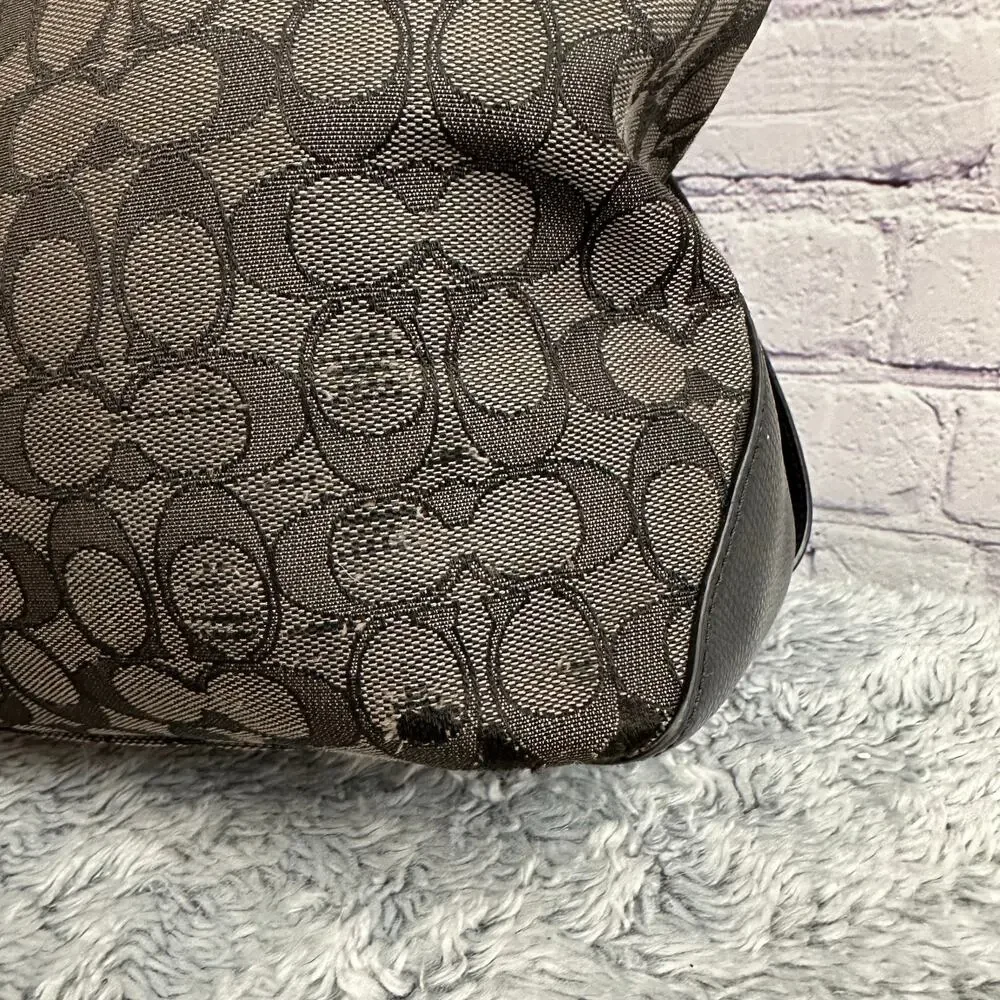 Coach Signature Monogram Canvas Tote Shoulder Bag Black & Gray Zip Closure